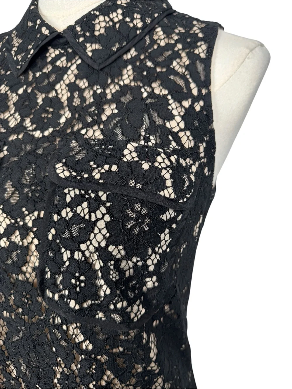 J.Crew Black Lace Cocktail Dress Scalloped Nude Lining Sleeveless Pockets Size 2